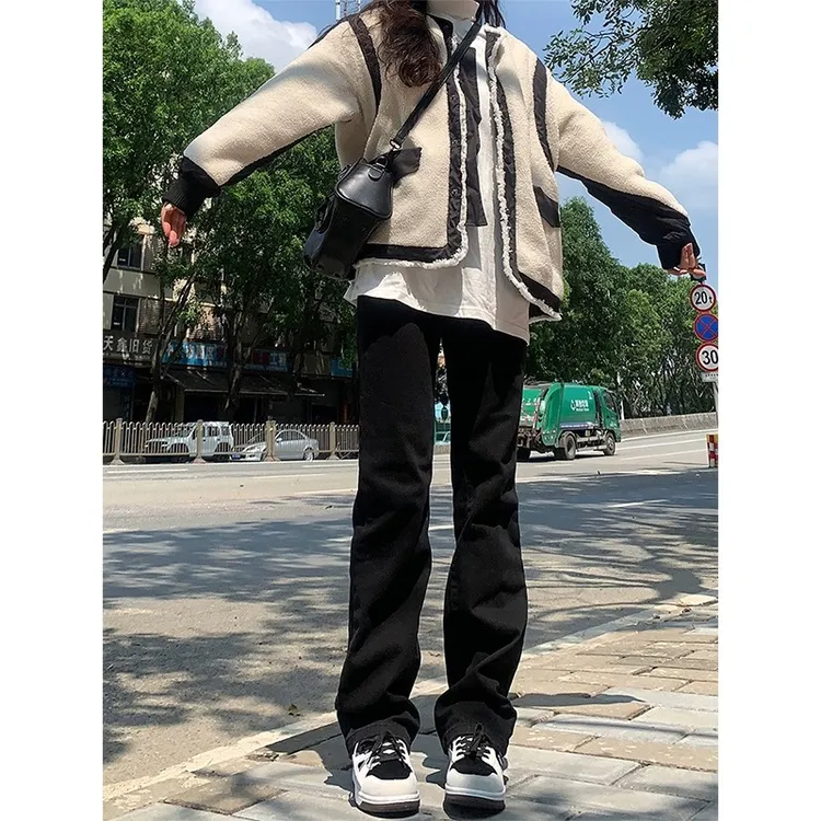 黑色高腰窄版直筒牛仔裤女小个子显瘦烟筒直筒裤拖地裤秋冬加绒