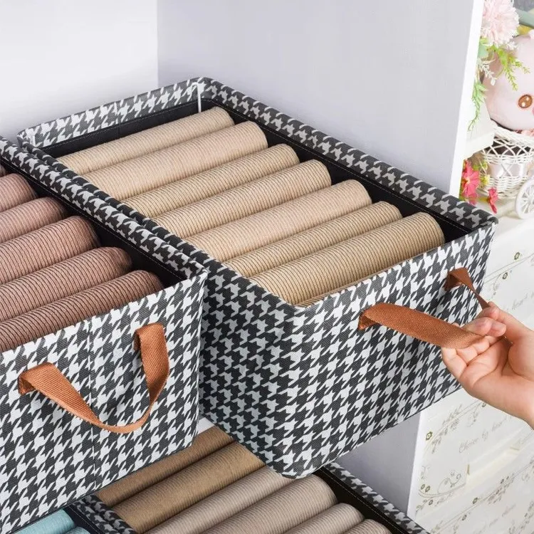 千鸟格带钢架衣物收纳箱阳离子衣服裤子整理盒布艺衣柜分层神器