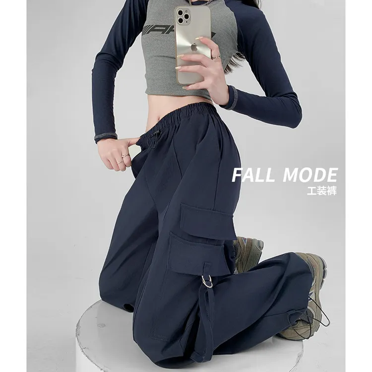 美式工装裤女裤子秋季新款高腰直筒宽松阔腿裤休闲女装运动裤女裤