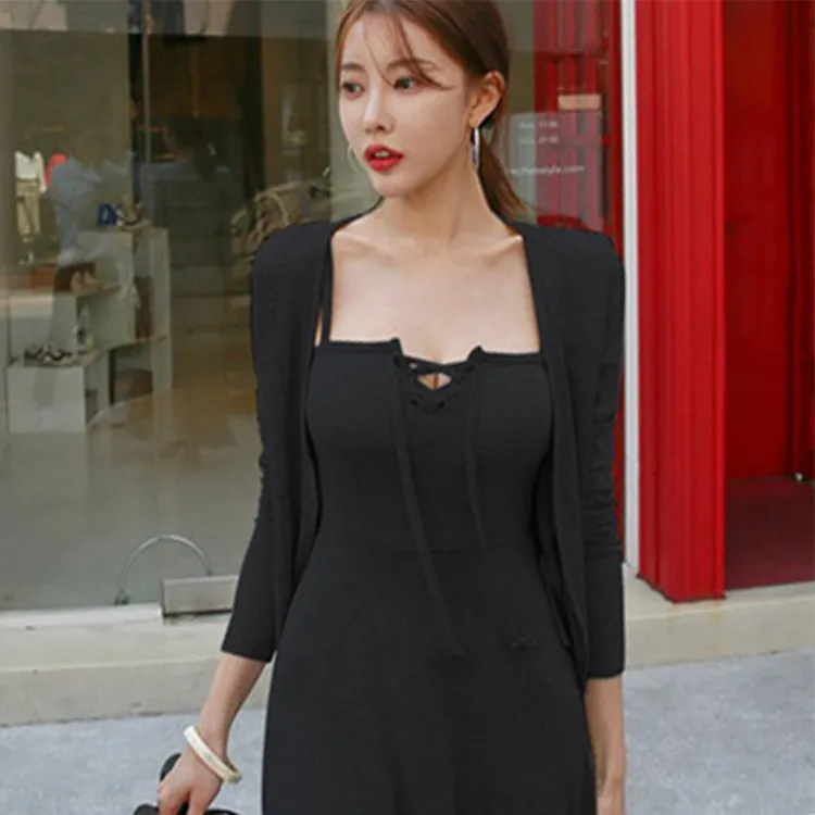 吊带两件套小黑裙连衣裙显瘦气质长袖夏黑色性感收腰女到脚踝长裙