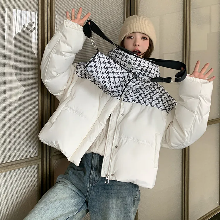 设计白色格子连帽女短款加厚冬季外套时尚百搭情侣宽松学生