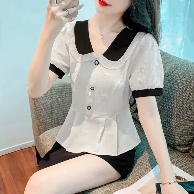 设计感娃娃领衬衫短袖女夏季收腰显瘦洋气漂亮小衫遮肚子减龄上衣