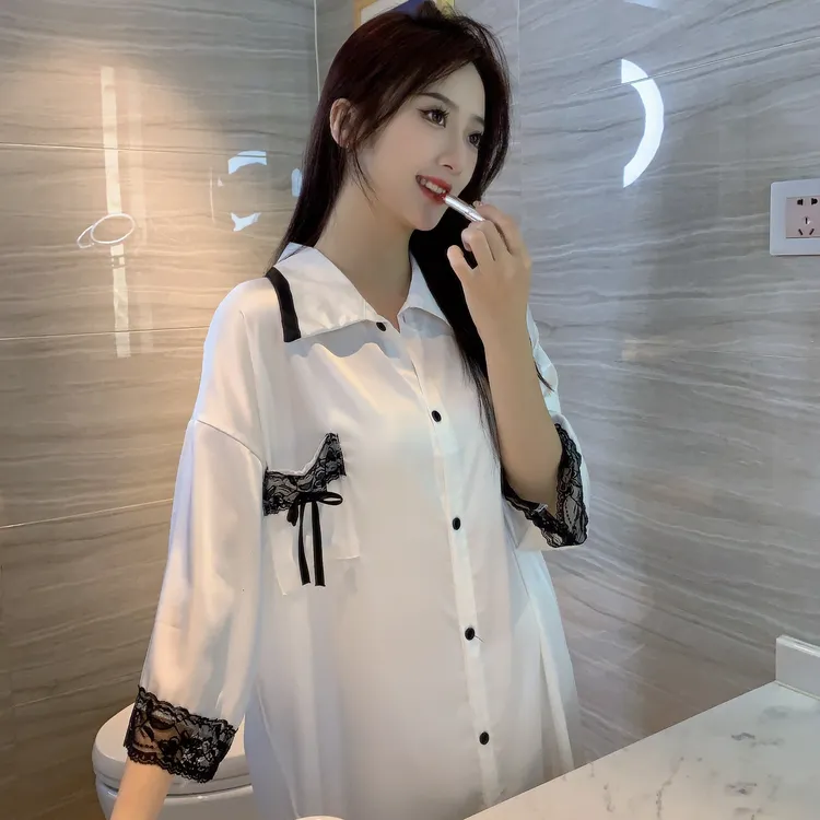 冰雪丝黑色蕾丝简约单边口袋睡裙家居服