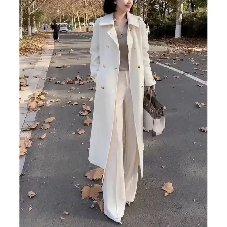 2024新款韩版翻领纯色时尚长款外套高腰阔腿裤女