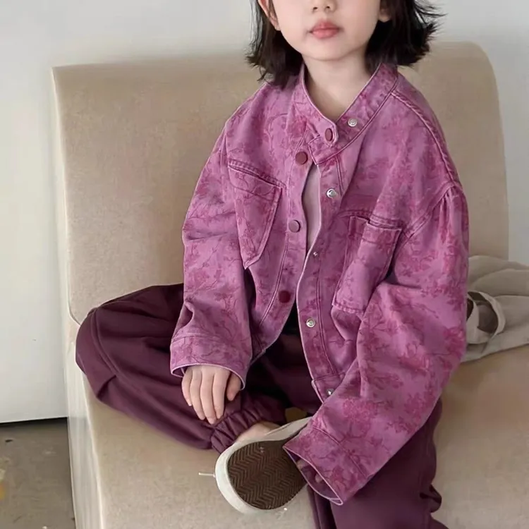 中大女童品牌童装24秋冬新款紫色印花牛仔外套上衣休闲套装棉卫裤
