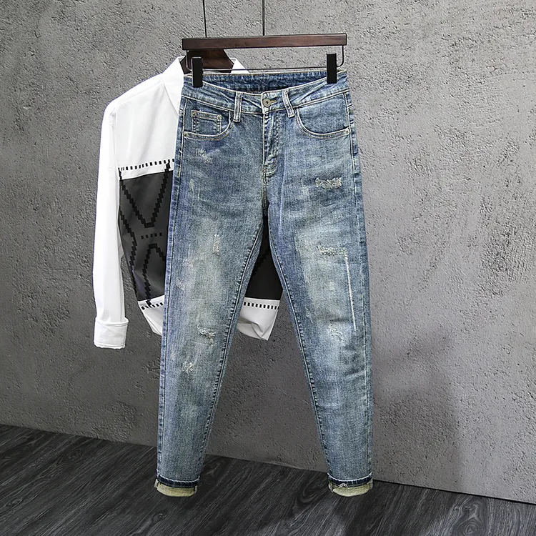 牛仔裤男款2025年春秋季新款韩版潮流个性刮烂修身小脚百搭长裤子