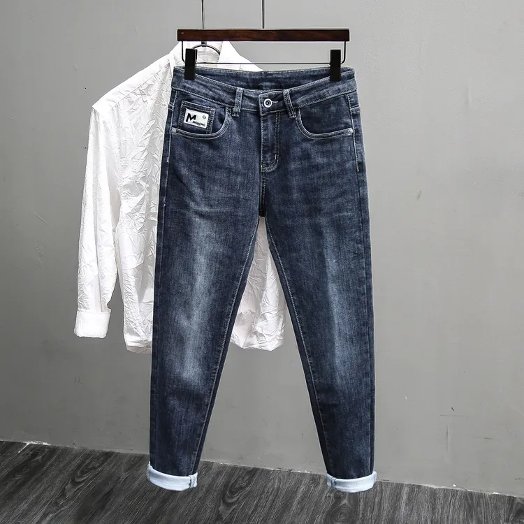 蓝灰色加绒男士牛仔裤九分秋冬新款2025爆款修身小脚韩版潮牌长裤