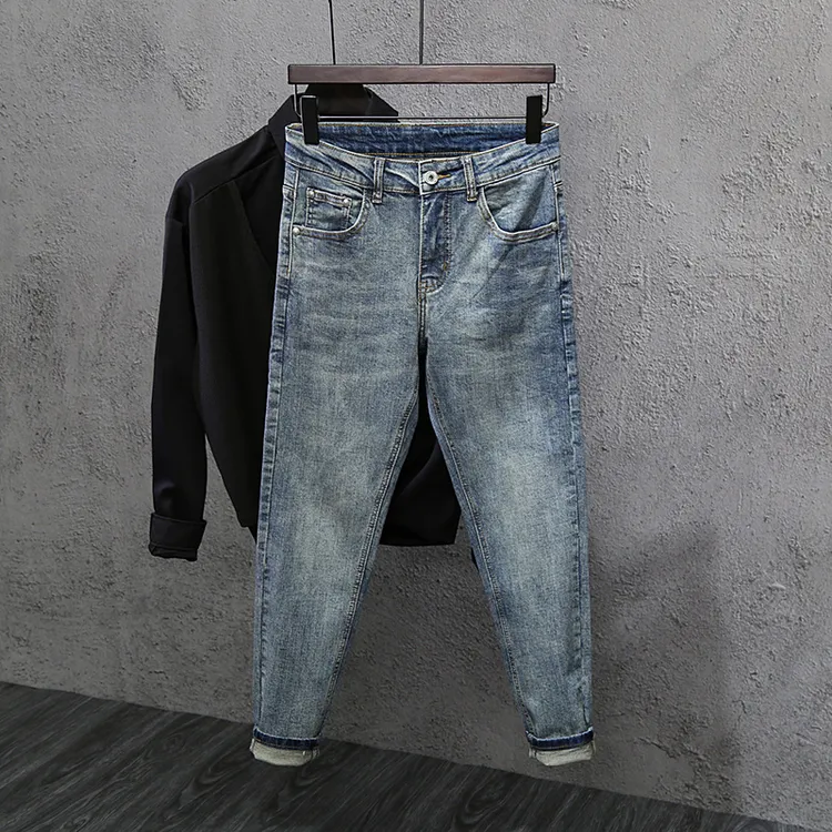 潮牌牛仔长裤男秋冬季新款韩版修身小脚水洗高街弹力加绒九分裤子