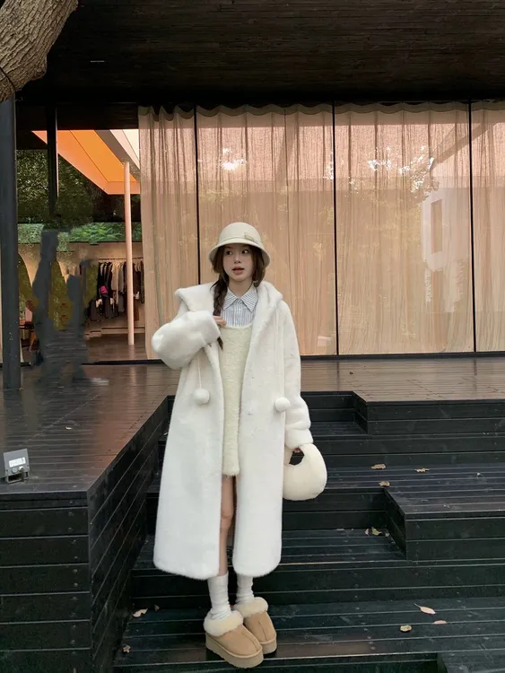 【小巫女】长短款仿水貂绒毛毛外套加厚中长款甜美毛球减龄冬短外套