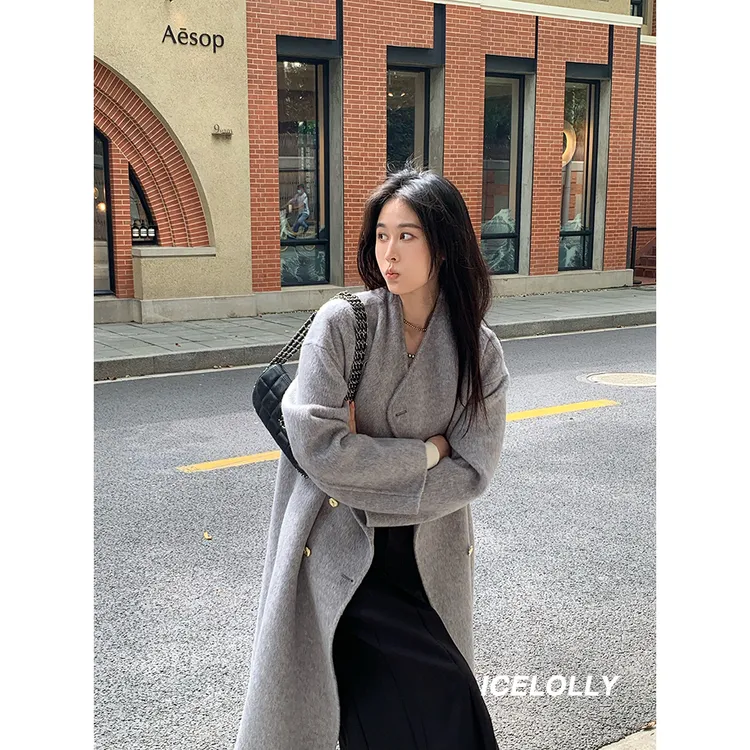 灰色羊绒双面呢子大衣女中长款秋冬季新款加厚宽松高级感毛呢外套