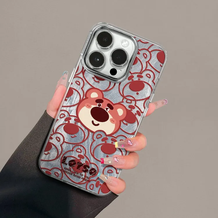 电镀羽纱草莓熊适用iPhone15/14promax苹果13/12/11手机壳xR软78p