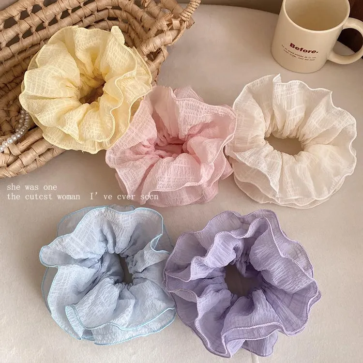 早春糖果色网纱多层木耳边大肠发圈头绳女慵懒氛围感马尾发绳头饰