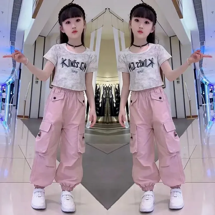 2025女童夏季工装裤子新款套装儿童洋气中大童街舞短袖T恤两件套