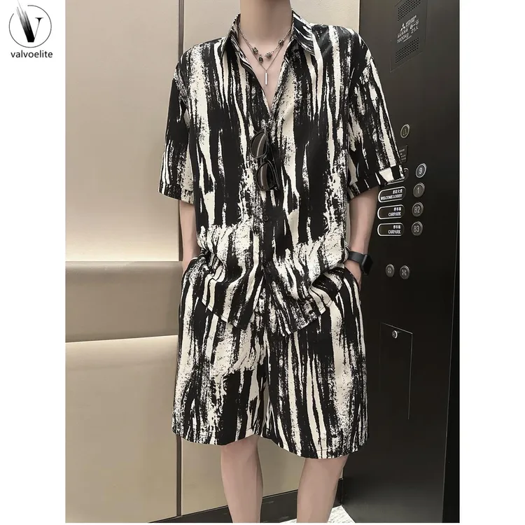 痞帅慵懒风男装夏季韩版冰丝衬衫轻奢宽松条纹夏季男士宽松套装