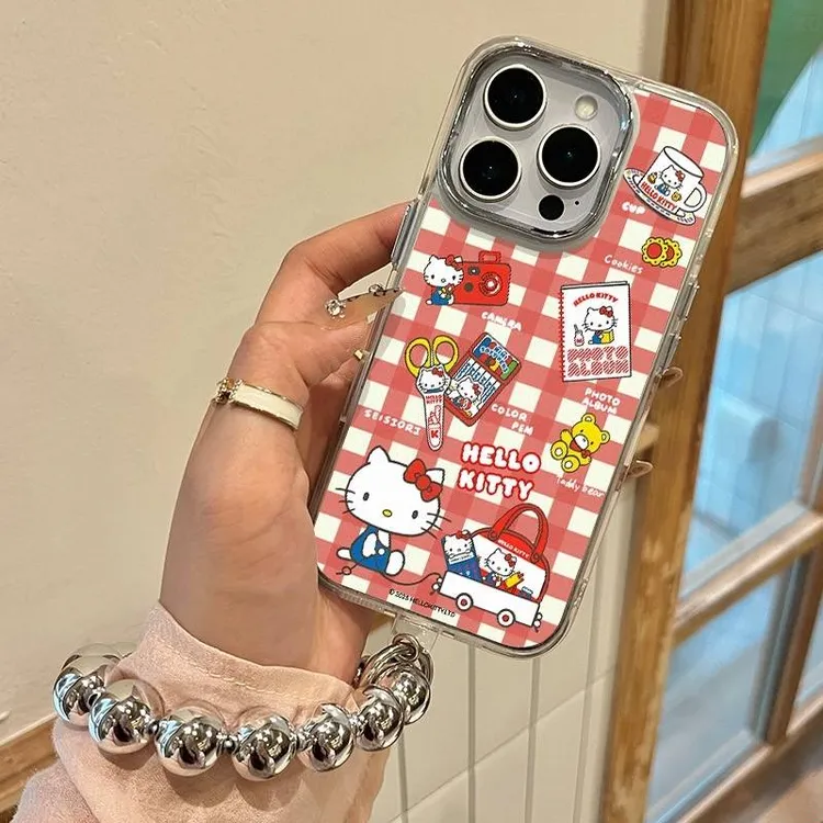 红格纹kt猫_适用苹果16/15手机壳iPhone13/12透明电镀XS/XR软壳11