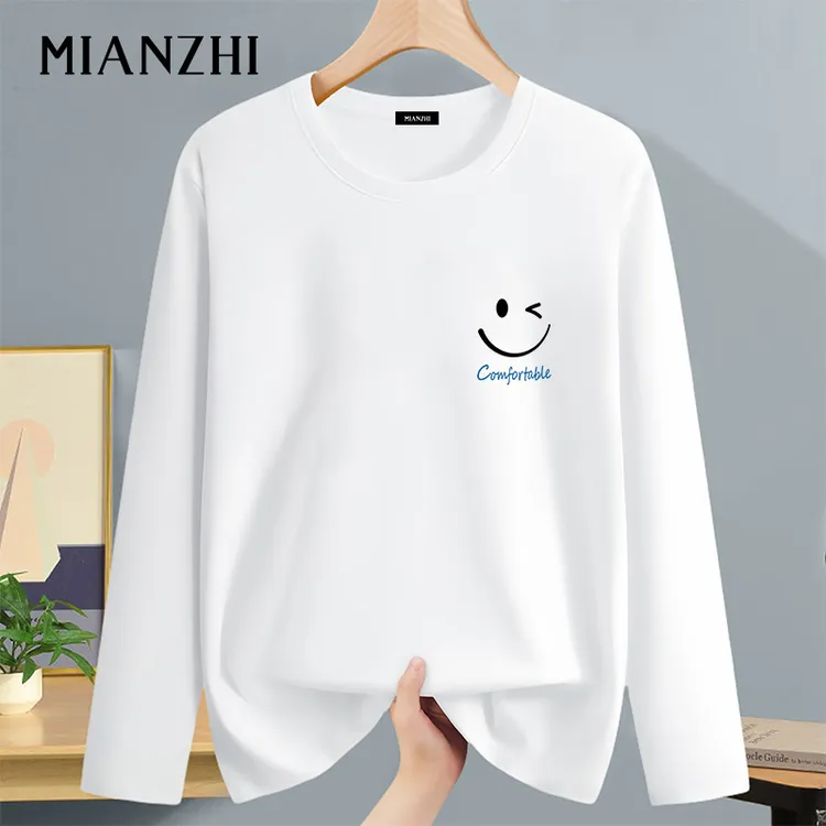 白色圆领长袖秋季美式潮牌潮流笑脸印花T恤青少年宽松百搭上衣