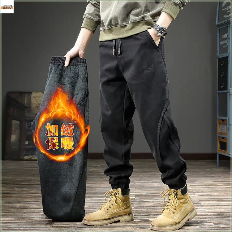 春季新款设计感拼接工装裤男加绒宽松束脚休闲裤美式复古伐木裤潮