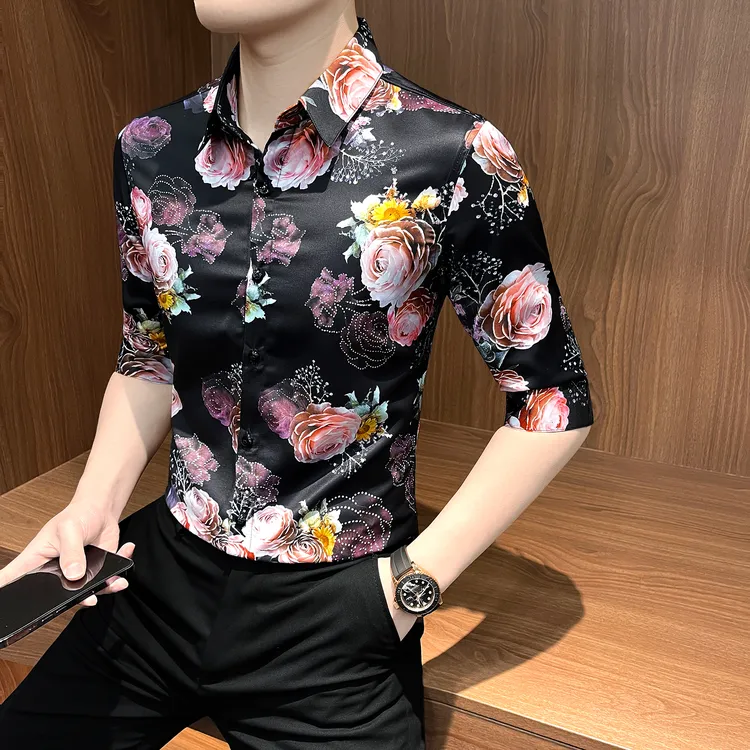 七分袖花衬衫男款2025网红洋气痞帅男装秋季中袖潮流印花男士衬衣
