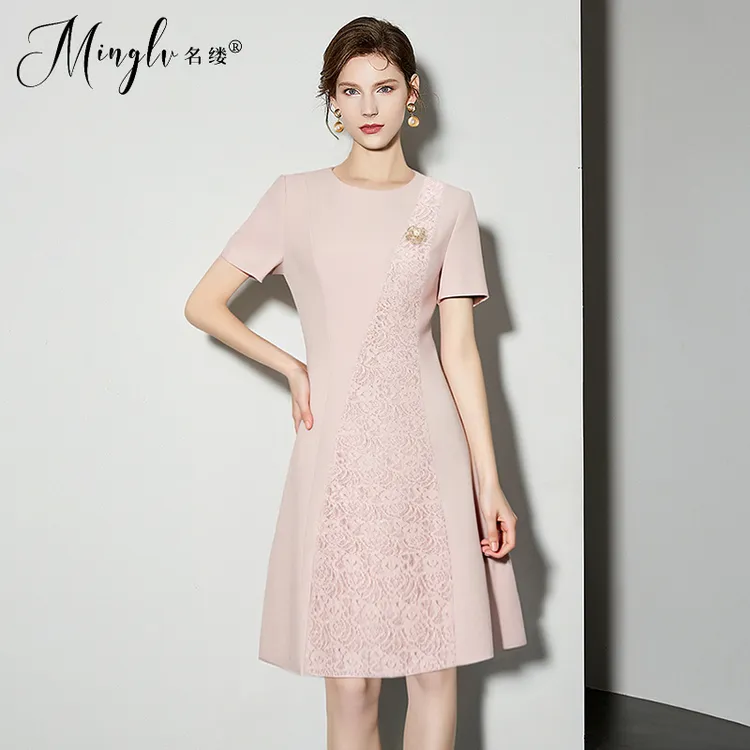 名缕高级感短袖连衣裙女2025新款夏夏季薄款拼接蕾丝时尚气质裙