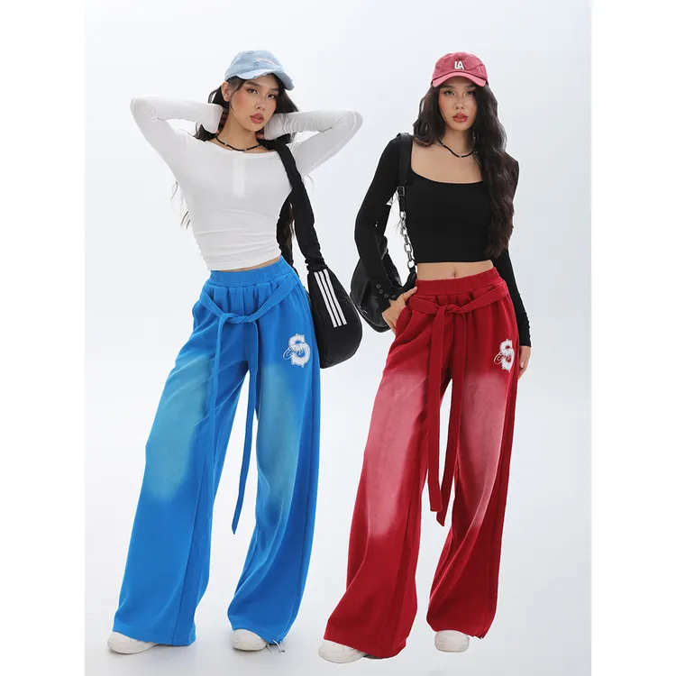 复古字母绑带做旧水洗美式卫裤女嘻哈宽松阔腿hiphop爵士街舞裤秋