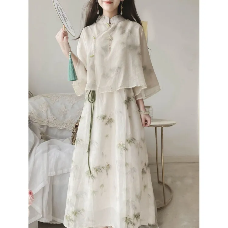 2025早秋新款国风新中式复古印花禅意茶服改良旗袍连衣裙两件套装
