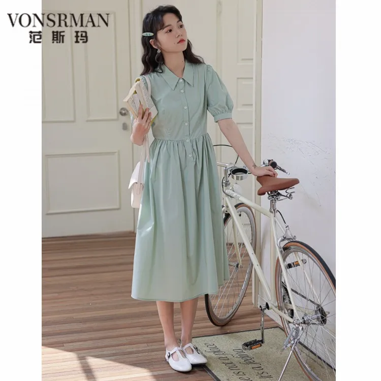法式洋气减龄短袖A字衬衫裙女夏季新款小清新显瘦甜美气质连衣裙