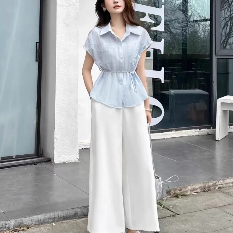 中国风学院风简约通勤休闲风淑女时尚套装衬衫直筒阔腿裤休闲时尚