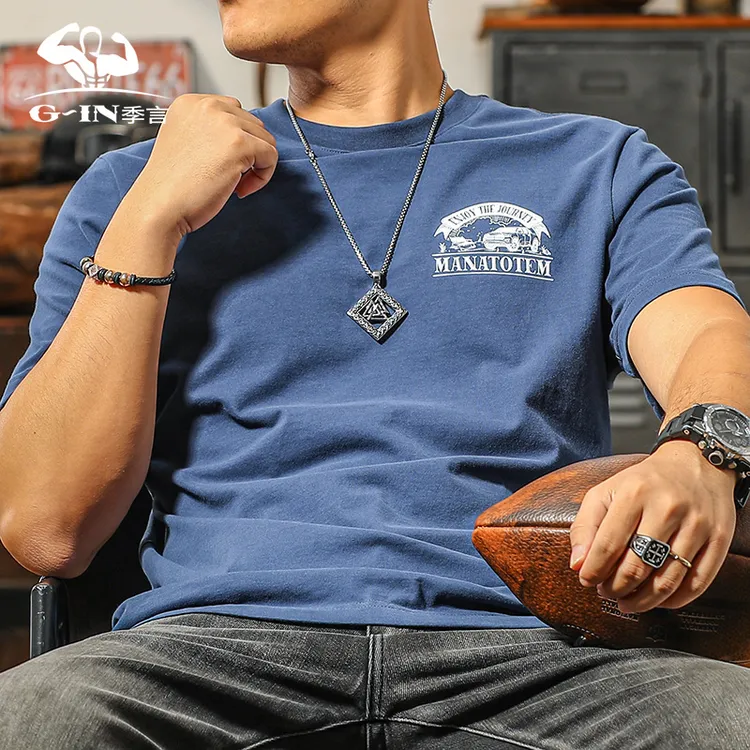 季言夏季男款短袖t恤纯棉休闲圆领 美式复古印花半袖碳素磨毛上衣