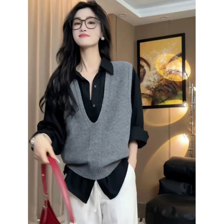 质量法式气质洋气叠穿针织衫马甲女早秋冬打底衫背心上衣外穿