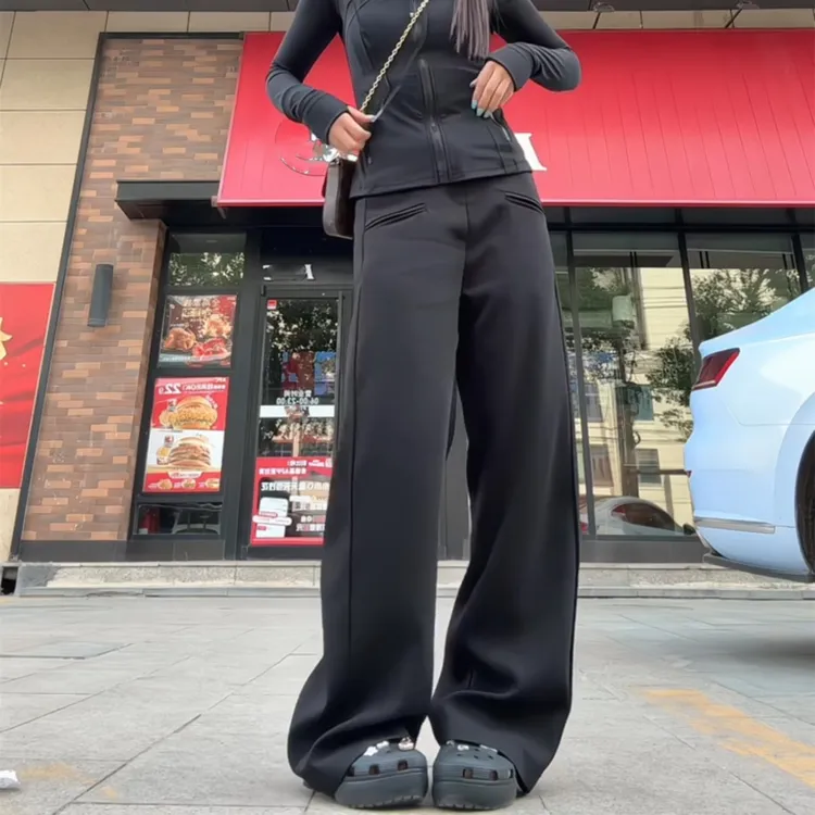 冬季黑色阔腿休闲加绒西装裤大码胖mm宽松显瘦梨型身材垂感直筒裤