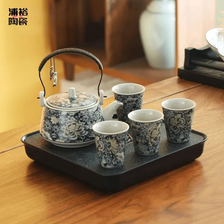 青花掐丝牡丹提梁壶家用功夫茶具茶壶茶杯一壶四杯套装中式防烫