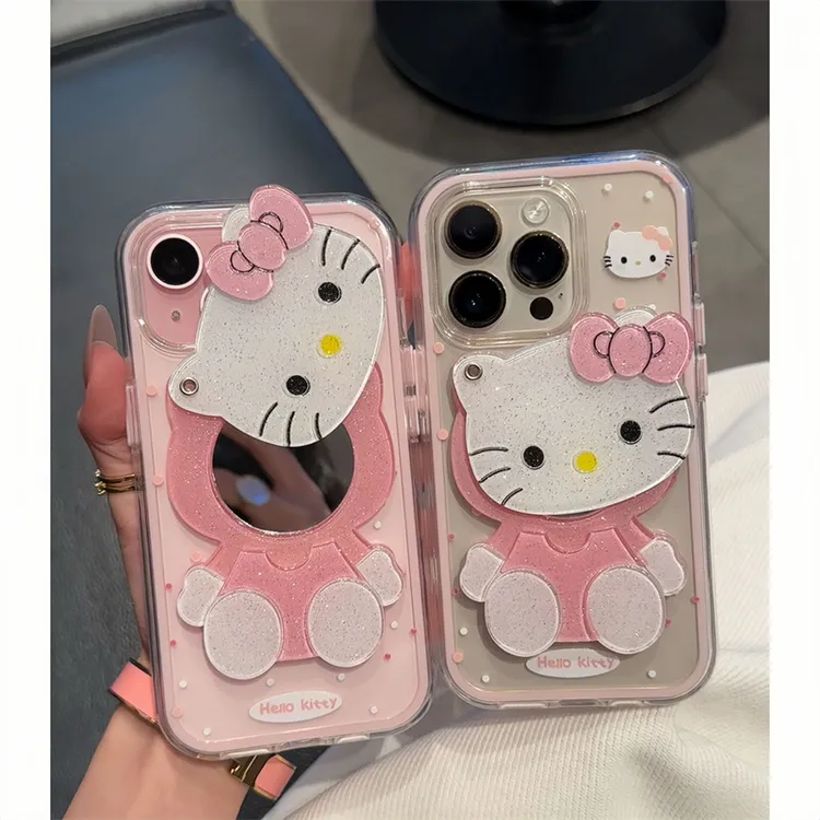 少女粉波点ktKitty镜子适用苹果16promax手机保护壳iPhone15/14高