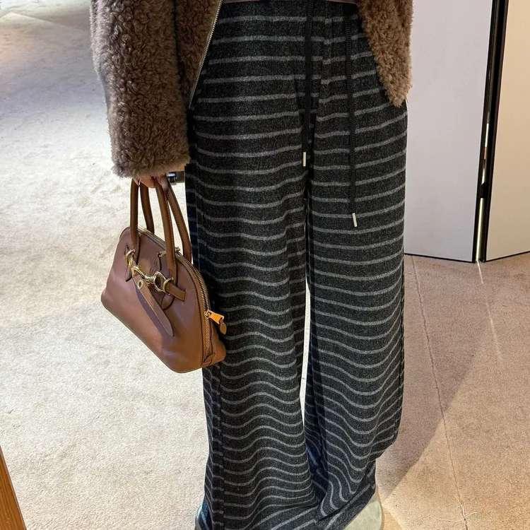 【老板娘衣橱】新款加绒加厚条纹裤针织长裤显瘦