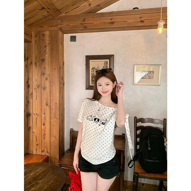不规则绑带斜肩短袖波点T恤女夏季设计感宽松甜辣妹白色百搭上衣