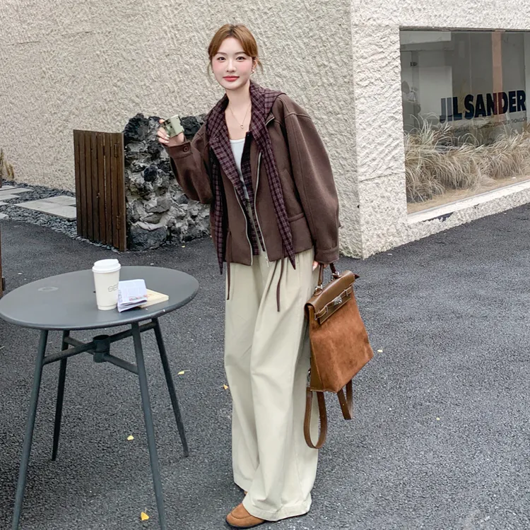 复古慵懒风气质显瘦百搭上衣女秋新款时尚氛围感格纹系带连帽外套