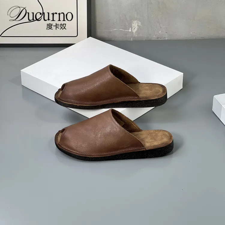 牛皮复古包头拖鞋女外穿夏季平底不累脚半拖2025新款沙滩凉拖鞋鞋