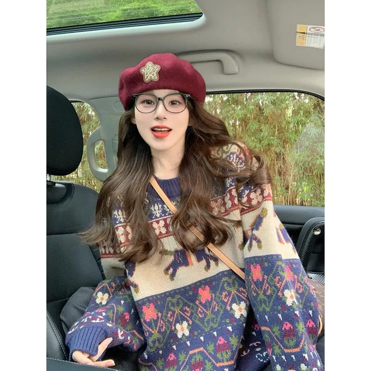 高级感复古提花毛衣女秋冬加厚2025新款慵懒风小众宽松圆领针织衫