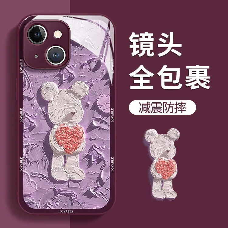 油画小熊适用苹果15手机壳iphone14/13/12/11液态玻璃xs全包8plus