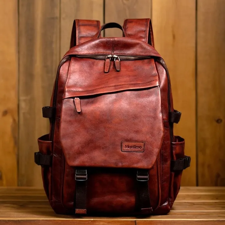 慢时光原创手工擦色植鞣牛皮双肩包大容量真皮电脑包户外登山背包