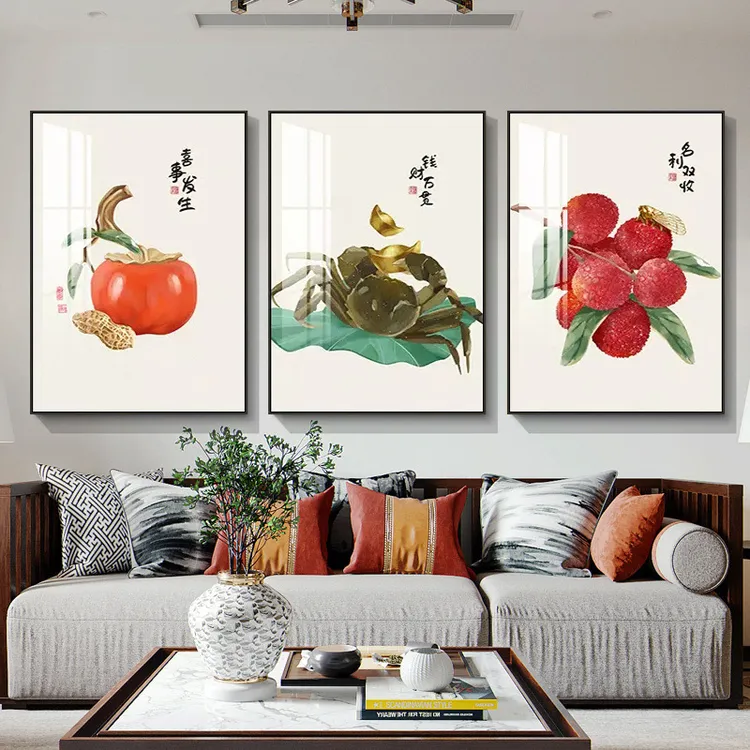 现代简约新中式餐厅卧室客厅玄关商用场所装饰有框晶瓷三幅画墙画