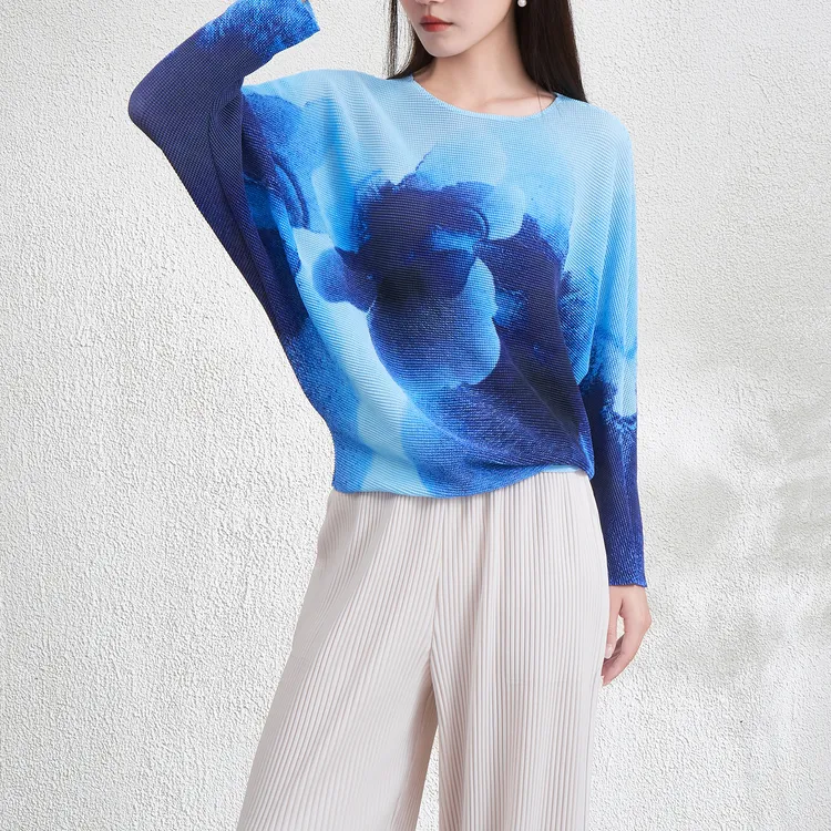 PY正品剪标设计师印花长袖圆领上衣遮肚宽松大码品牌蝙蝠袖T恤