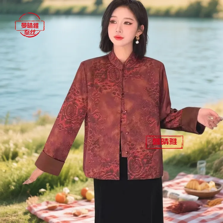 桑蚕丝秋外套民主风直襟提花常规花纹薄款上衣新中式气质重磅