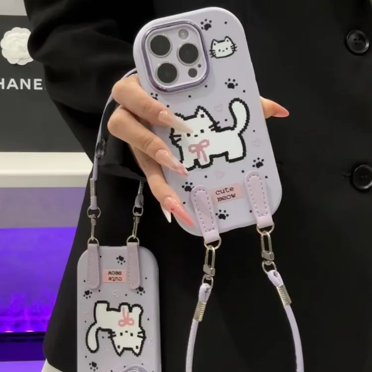 奥菲顿像素粉结小猫挂绳适用苹果17胖子16手机壳华为oppo小米vivo
