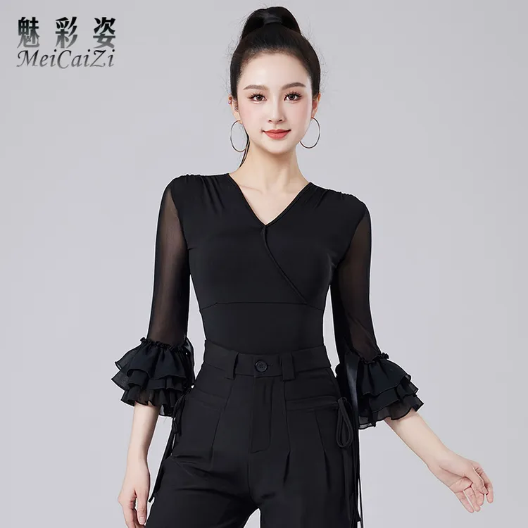 舞服2025新款网纱中袖拉丁舞上衣时尚V领交谊舞服国标形体训练服