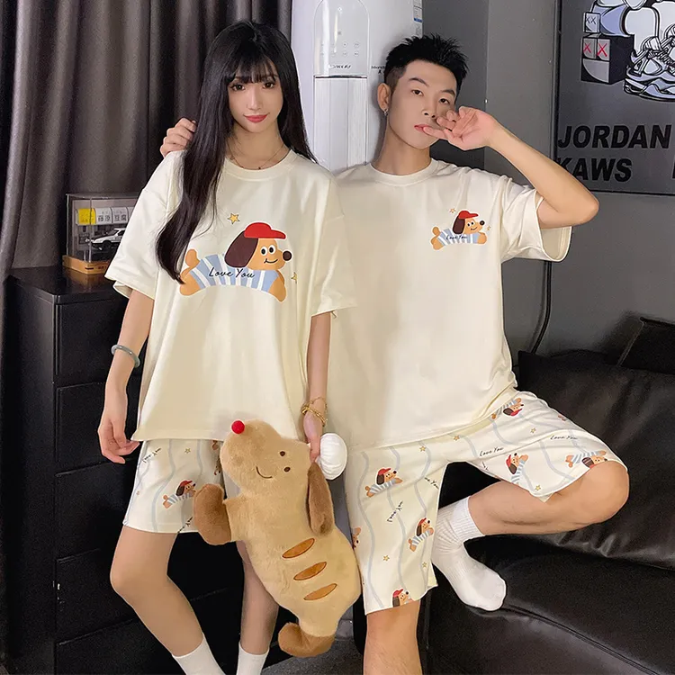 网红风卡通睡衣情侣装一男一女夏季天可爱纯棉新款短袖短裤家居服
