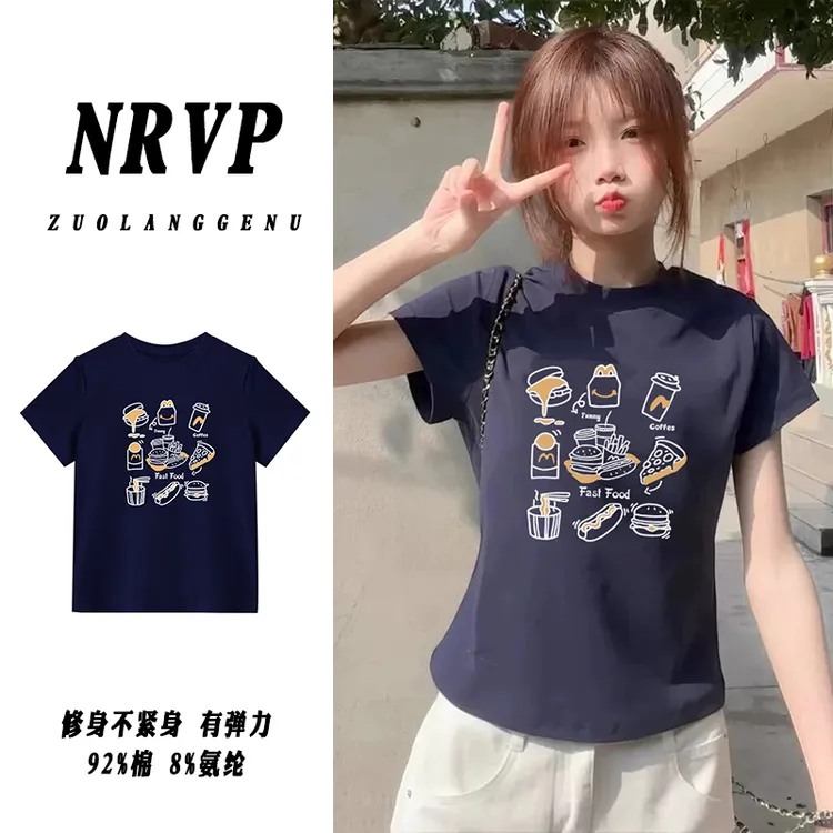运补卡通印花正肩短袖t恤女圆领韩版百搭修身减龄高弹力棉上衣ins