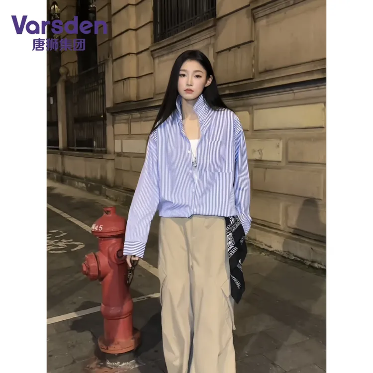 唐狮集团Varsden复古蓝色条纹翻领男款衬衫美式cleanfit风上衣潮