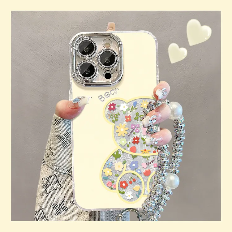 碎花小熊手链适用苹果16e手机壳iphone14promax羽纱15可爱防摔13