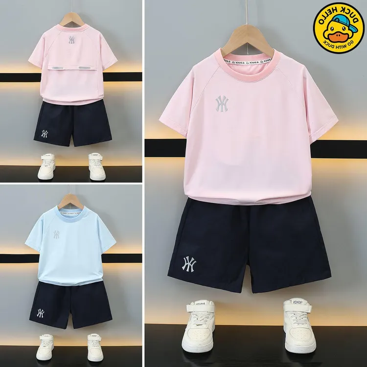 小黄鸭儿童短袖速干套装2025夏季新款男童女童冰丝透气网眼两件套