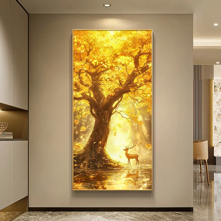 福禄发财树玄关装饰画轻奢高级感大树手绘油画小鹿挂画2025新款